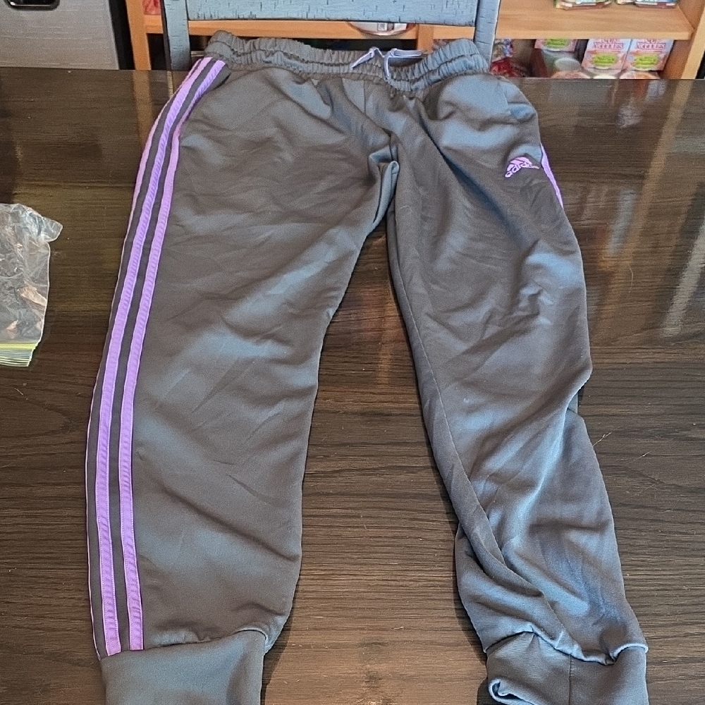 adidas Women's Gray Joggers with Purple Stripes